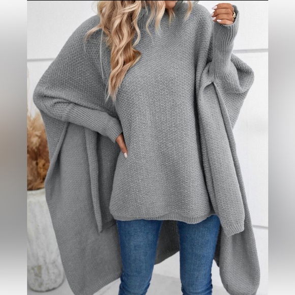 Cozy Mock Neck Dolman Sleeve High Low Hem knit Sweater Cape - Picture 1 of 16